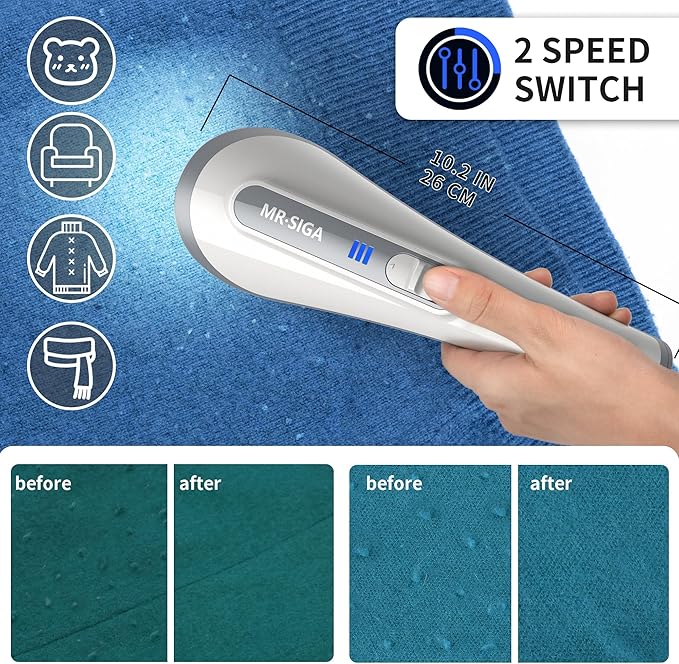 MR.SIGA Fabric Shaver and Lint Remover with 2 Speeds, Rechargeable Electric Lint Fuzz Remover with LED Lights and 2 Replaceable 6-Leaf Blades, Cream/Gray