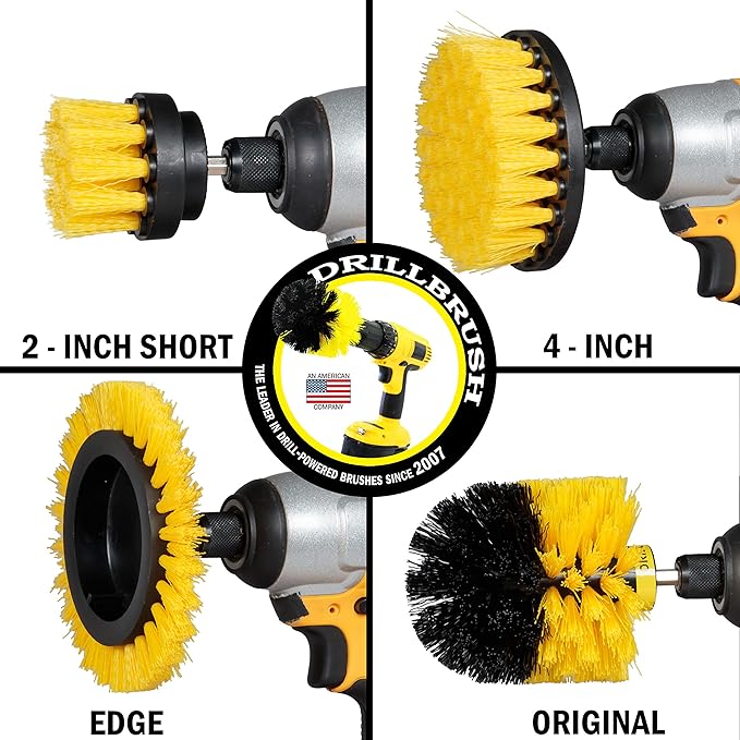 Yellow Drill Brush Attachments for Cleaning Shower, Grout, Bathroom - Grout Cleaner Drillbrush Kit - Rotary Scrub Brush Tile Cleaner Drill Attachment for Crevice Cleaning - Bathroom Tile Scrubber Set