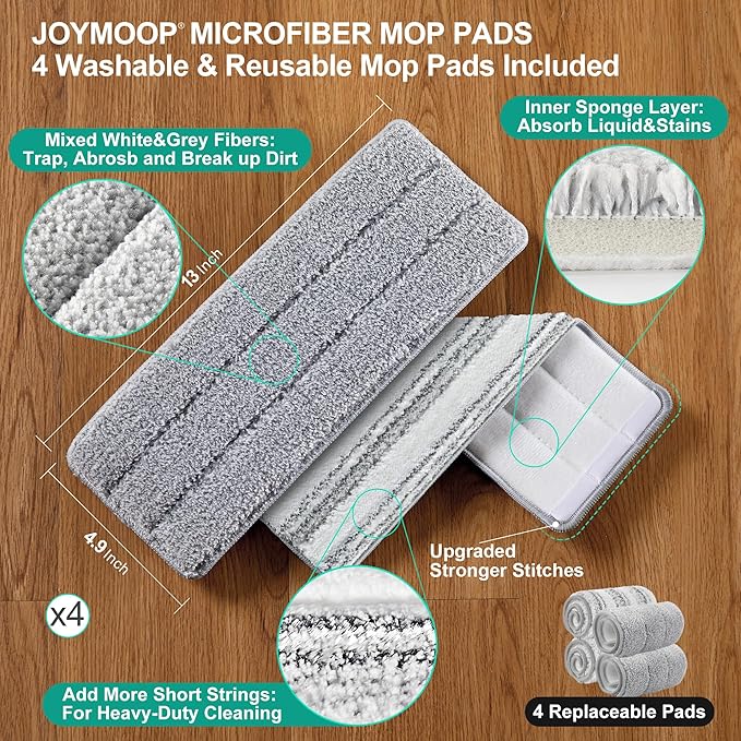 JOYMOOP Flat Mop System, Microfiber Mop and Bucket Set, White, Household & Commercial Floor Cleaning Mop with Long Handle, Hands-Free Cleaning System