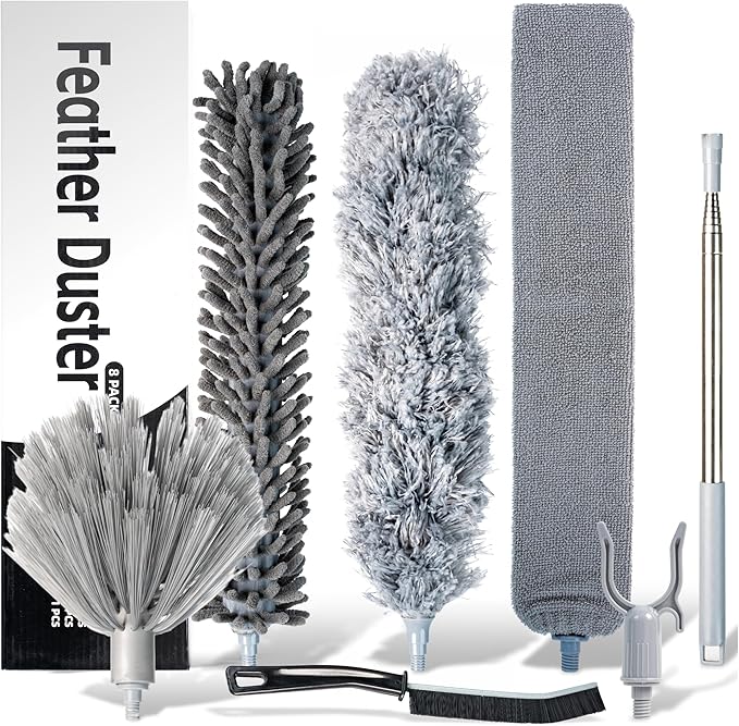 Microfiber Feather Duster with Extension Pole 100 Inches, (8 PCS), Cleaning Brush, Dusters for Cleaning High Ceilings, Cobwebs, Blinds, Cars, Reusable, Washable, Extendable, Ceiling Fan Cleaner Duster