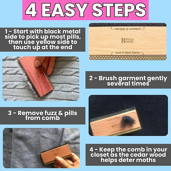 Cashmere Comb for De-Pilling Sweaters - Remove Pills, Lint, and Fuzz from Wool Garments - Dual-Sided Fabric Comb with Cedar Wood Handle