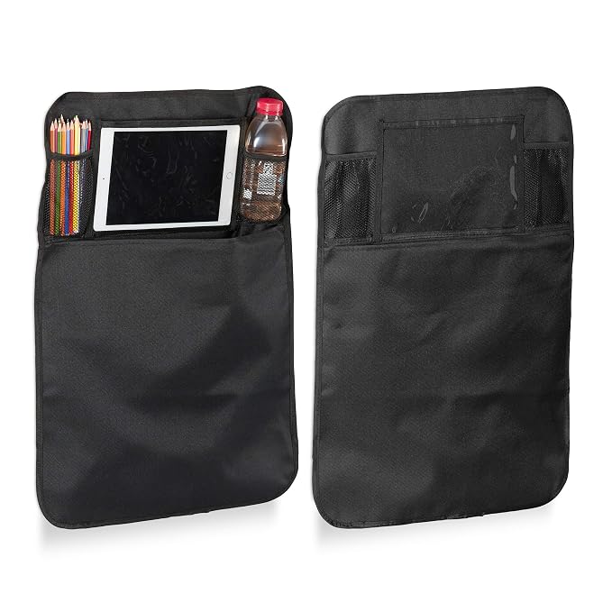 Relaxdays Car Seat Organiser Set of 2, Hanging Hold-All for Kids, 4 Pockets, Tablet Holder, Back Seat Protector, Black