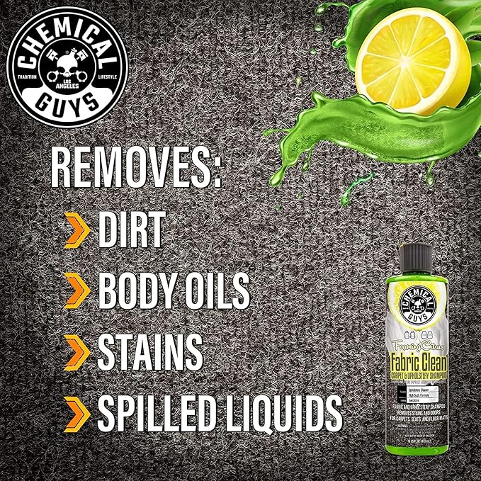 Chemical Guys Foaming Citrus Fabric Clean Drill Brush Kit - High Foaming Stain and Odor Remover, Upholstery, Floor Mat & Car Carpet Cleaner, Deep Cleans & Deodorizes, Citrus Scent - 16 fl oz
