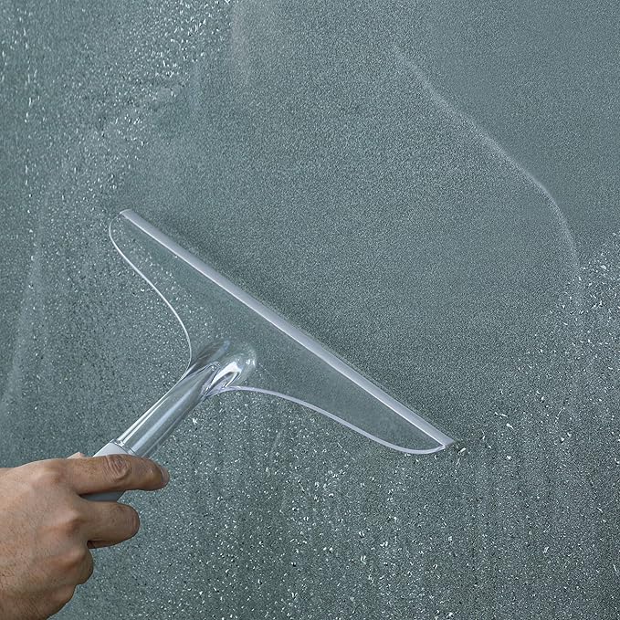 Shower Squeegee for Bathroom Glass Doors and Mirror, 10'' Rubber Window Cleaner Tool, Clear Plastic Water Wiper for Car Windshield Cleaning
