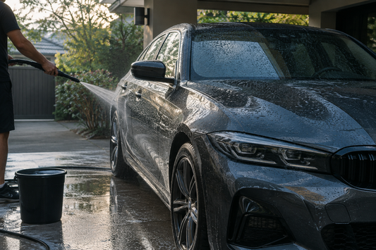 Car being washed in a shaded driveway in early morning light