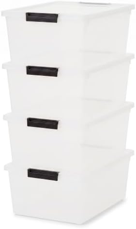 12 Qt - (4-Pack) Storage Bins with Lids, Plastic Box, Clear/Black
