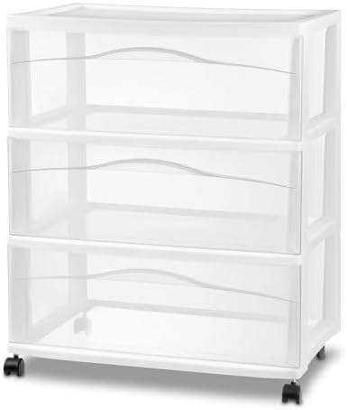 Wide 3 Drawer Storage Cart Plastic Rolling Organizer, White Frame