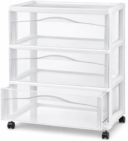 Wide 3 Drawer Storage Cart Plastic Rolling Organizer, White Frame