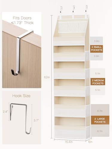 Over the Door Organizer, 6-Shelf Closet Hanging Storage with 13 Mesh Pockets, 55lbs Capacity Behind the Door Storage for Baby Nursery, Bathroom, Bedroom, and Dorm, Beige