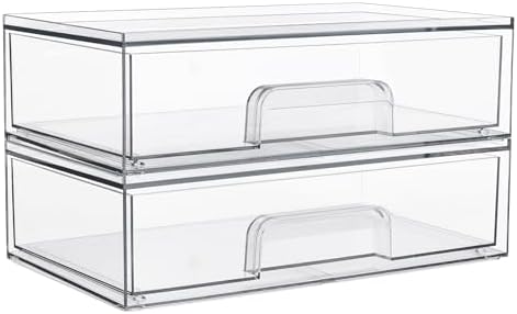 Clear Stackable Storage Drawers, 2 Pack Wide Plastic Organizers