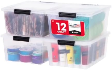 12 Qt - (4-Pack) Storage Bins with Lids, Plastic Box, Clear/Black