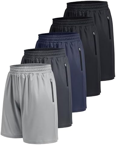 5 Pack Athletic Basketball Gym Quick Dry Mens Shorts with Zipper Pockets