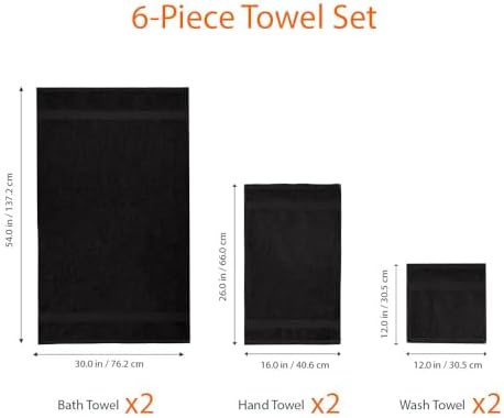 6-Piece Highly Absorbent Fade-Resistant Towel Set, 100% Cotton Towels for Bathroom, Soft, 2 Bath Towels, 2 Hand Towels, 2 Washcloths, Black