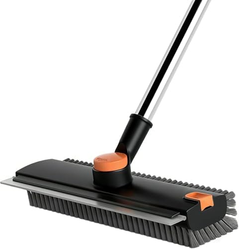 Floor Scrub Brush with Squeegee Long Handle 3 in 1 tub Brush 52'' 2026 Upgraded Multi-Functional Stiff Bristle Cleaning Scrub Brush Rotating Tile Brush for Cleaning Bathroom Patio, Pool, Garage
