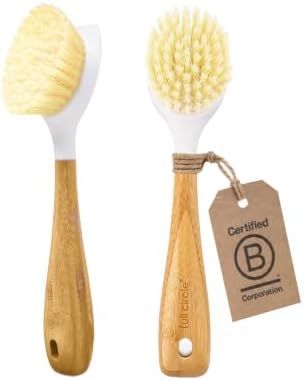 Full Circle Kitchen Dish Brush, Bamboo Handle & Strong Bristles, White 2pk