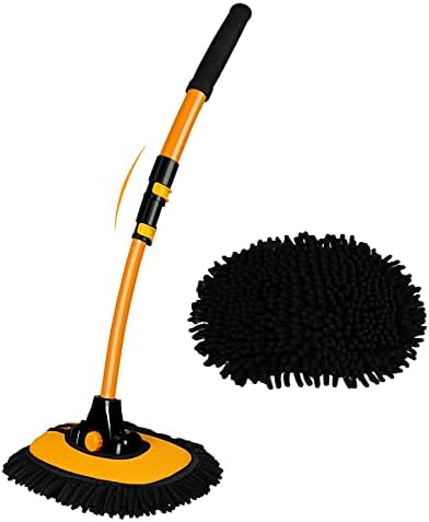 15° Curved Car Cleaning Brush with Telescopic Handle 43" Aluminum Alloy Long Rod Wash Mop For Washing Caravan Van Truck Boat RV Roof Soft Chenille Head Duster Clean Product Not Hurt Paint Scratch Free