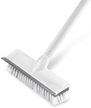 Floor Scrub Brush with Long Handle, 2 in 1 Scrape and Brush, Stiff Bristles for Cleaning Bathroom, Patio, Garage, Kitchen, Deck, Tile