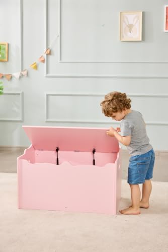 Kids Wooden Toy Storage Chest with Safety Lid, Spacious Organizer for Bedroom, Pink, 30" x 18" x 19"