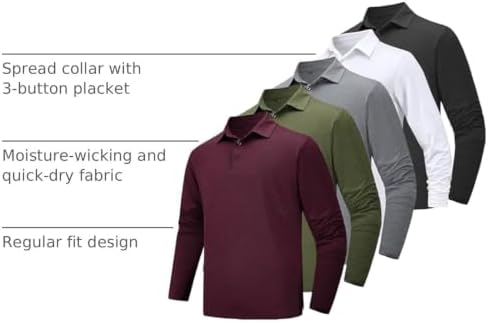 5 Pack Polo Shirts for Men Long Sleeve Casual Collared Golf Shirt