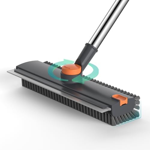 Floor Scrub Brush with Long Handle Length Adjustable, 3 in 1 Heavy-Duty Stiff 90° Bristle Floor Scrubber Broom with Squeegee, Cleaning Brush for Bathroom, Garage, Kitchen, Tile, Deck & Patio (Gray)