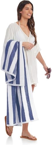 100% Cotton Soft & Absorbent Beach Towels, Cabana Stripe, Fast Drying, Machine Washable, Large 30 in x 60 in, Navy Blue, 4-Pack