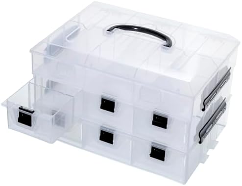 11 Inch Clear Plastic Storage Box Container, Arts and Crafts Sewing Supplies Organizer Case with Black Accents, 24 Customizable Compartments, and 6 Drawers with Removable Dividers