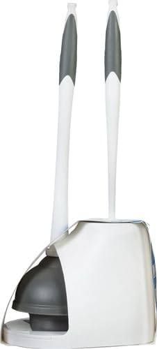 Clorox Toilet Plunger and Brush Bowl Set with Holder Caddy Storage for Cleaning Bathroom and Unclogging Toilets, White and Gray