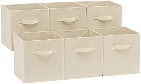 Collapsible Fabric Storage Cubes Organizer with Handles, Sturdy Storage Bins for Organization, 10.5" x 10.5" x 11", Beige, 6-Pack