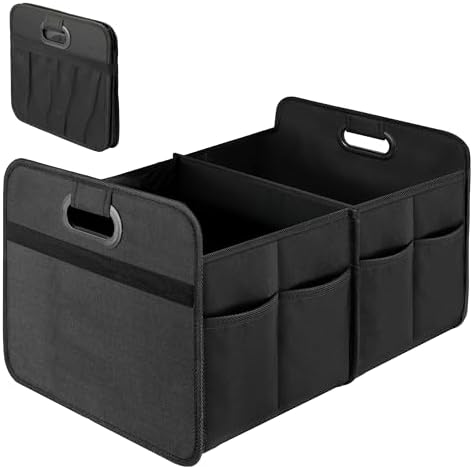 Car Trunk Organizer, 2 Compartments Collapsible Trunk Storage, Anti-slip Design, Made of Waterproof 600D Oxford Polyester, Suitable for SUV, Minivan, Truck, Standard Size, Black