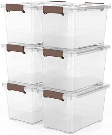 6-Pack Clear 7 Quart Storage Latch Box/Bins, Plastic Stackable Latching Box with Brown Handle and Lid, Multi-Purpose, 7 Litre