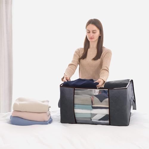 3 Pack 90L Clothes Storage Bins with Lids, Foldable Blanket Storage Bags with Zippers, Clear Window and Reinforced Handles, Closet and Organization for Clothing, Sweater, Comforter, Bedding