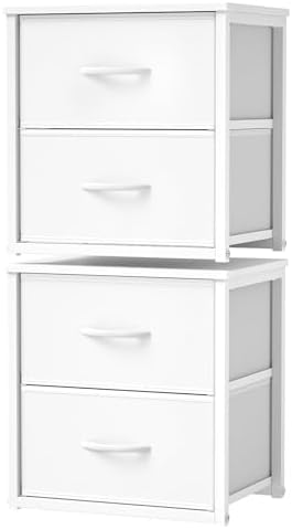 2-Pack Stackable Storage Drawers (4 Drawers Total), White Closet Organizer with Wooden Top & Metal Frame, Freestanding or Stackable Dresser for Bedroom, Living Room, Under Bed