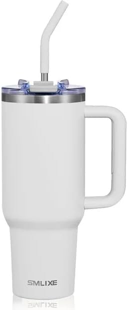 40 oz Tumbler with Handle and Straw Lid,Insulated Reusable Stainless Steel Water Bottle Travel Mug，Cupholder Friendly Double Wall Vacuum Sealed Cup (Cold White)