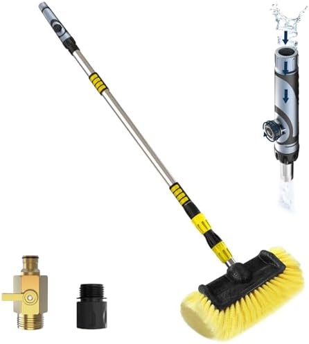 12FT Car Wash Brush with Long Handle, Car Cleaning Brush with 12 Inch Soft Bristle and Soap Dispenser, Solar Panels Cleaner with Telescoping Pole for RV, Truck, Boat, House Siding, Yellow