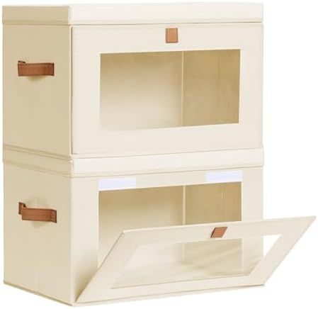 Large Closet Storage Organizer - Clothes Storage Bins with Handles & Window, Collapsible Decorative Boxes with Lids, Fabric Containers for Living Room, Dorm, 2 Pack, Beige