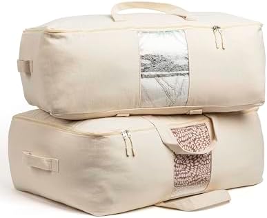 Soft Canvas Storage Bags with Zipper. Thick Breathable, 2pc King/Queen Comforter Organizer. Four Carrying Handles and Window. Large 25x19x9in Bag for Sheets Blankets Bedding Pillows, Clothes