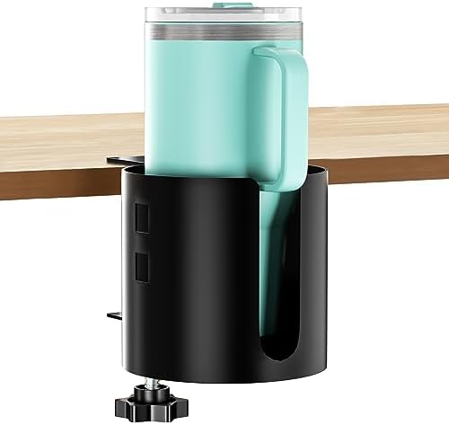 Deeper Anti-Spill Large Desk Cup Holder Clamp,Metal Table Cup Holder(Black)