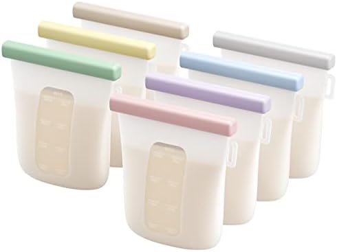 7 Pcs Silicone Breastmilk Storage Bags Reusable, 8oz/240ml Double Leak-Proof Breastmilk Freezer Bags, BPA Free Self-Standing Milk Bags for Breastfeeding, Baby Food Pouches