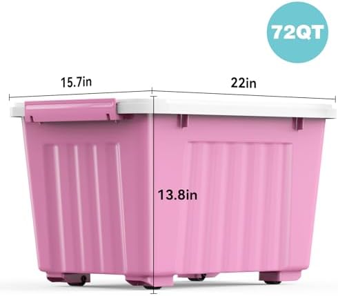 Plastic Storage Bin, Stackable and Nestable Storage Boxes with White Lids and Secure Latching Buckles, Large Storage Container (Pink/White, 72Quart-6Pack)
