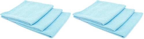 Standard Waffle Weave Towels, Microfiber Detailing, Window/Glass and Drying, Wax & Polish, Lint-Free, Streak-Free, 370gsm, 16in x 16in, Light Blue (6-Pack)