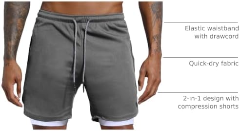 Men's 2 in 1 Workout Running Shorts Lightweight Training Yoga Gym 7" Short with Zipper Pockets