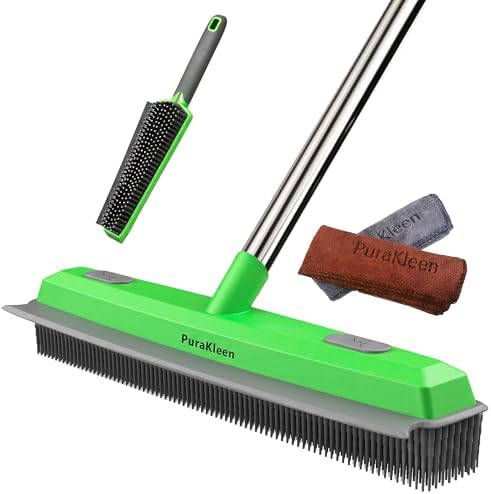 Rubber Broom for Pet Hair —Gets What Your Vacuum Misses,Non-Scratch Carpet Rake 24 "-61 "Adjustable Handle,4-in-1 (Squeegee+Pet Brush+2 Microfiber Cloth),Stairs,Corners, Rugs,Hardwood Green