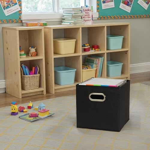 Foldable Fabric Storage Bins 6 Piece Set, Strong Poly-Woven Fabric, Sturdy Chipboard Sides, Grommet Front Handle, Stackable, Classic Design, Black
