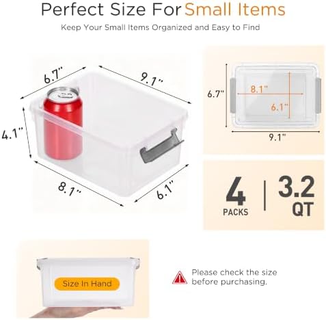 4 Packs Small Storage Bins with Lids 3.2 QT Plastic Storage Containers for Organizing Stackable Clear Storage Boxes