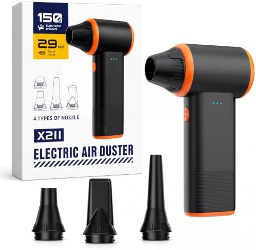 X211 Compressed Air Duster, Rechargeable Compressed Air Blower, Electric,110,000 RPM Brushless Motor with 3 Speeds & 4 Nozzles for Keyboard, PC, Car and Inflation Tasks