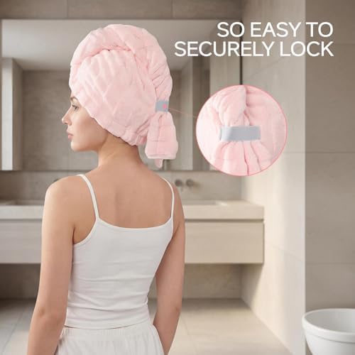 3 Pack Microfiber Hair Towel Wrap for Women, Super Absorbent Quick Dry Hair Turban for Thick Long Curly Hair, Large Stay-Put Anti-Frizz Hair Drying Towels, Pink Blue Gray