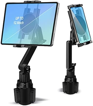 Cup Holder Car Tablet Mount for Truck, 360° Adjustable 15" Long 2-Arm Stand Holder for iPad Pro 12.9/11/10.5/9.7/Air/Mini 6/5/4, Galaxy Tab/Z Fold 6/5/4, iPhone 17/16/Pro, 4.7-12.9" Tab &Phone