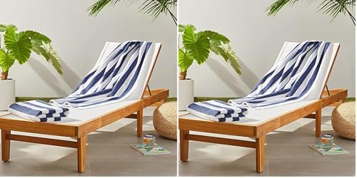 100% Cotton Soft & Absorbent Beach Towels, Cabana Stripe, Fast Drying, Machine Washable, Large 30 in x 60 in, Navy Blue, 4-Pack
