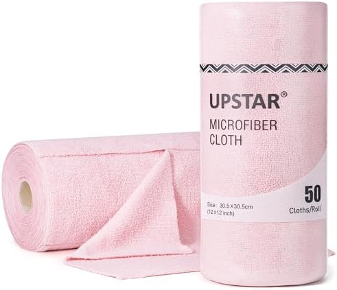 Microfiber Cleaning Cloth, Reusable Paper Towels Rolls, 50 Packs 12x12 inch Cleaning Rags for Washing Dishes, Kitchen, Bathroom, Car, Pink