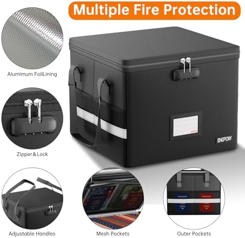 5200°F Fireproof Document Box with Lock, Heat Insulated Collapsible File Storage Organizer with Handle, Portable Home Office File Cabinet for Hanging Letter/Legal Size Folder, Black
